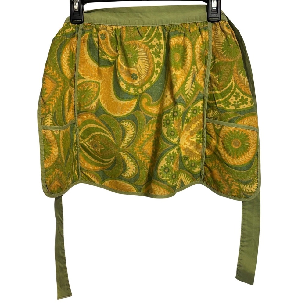 VTG Vera Neumann Linen Green Yellow Paisley Psychedelic Two Pocket Waist Apron